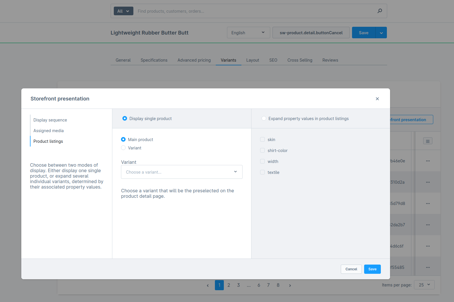 Screen from Admin config for Variants presentation with single main product selected